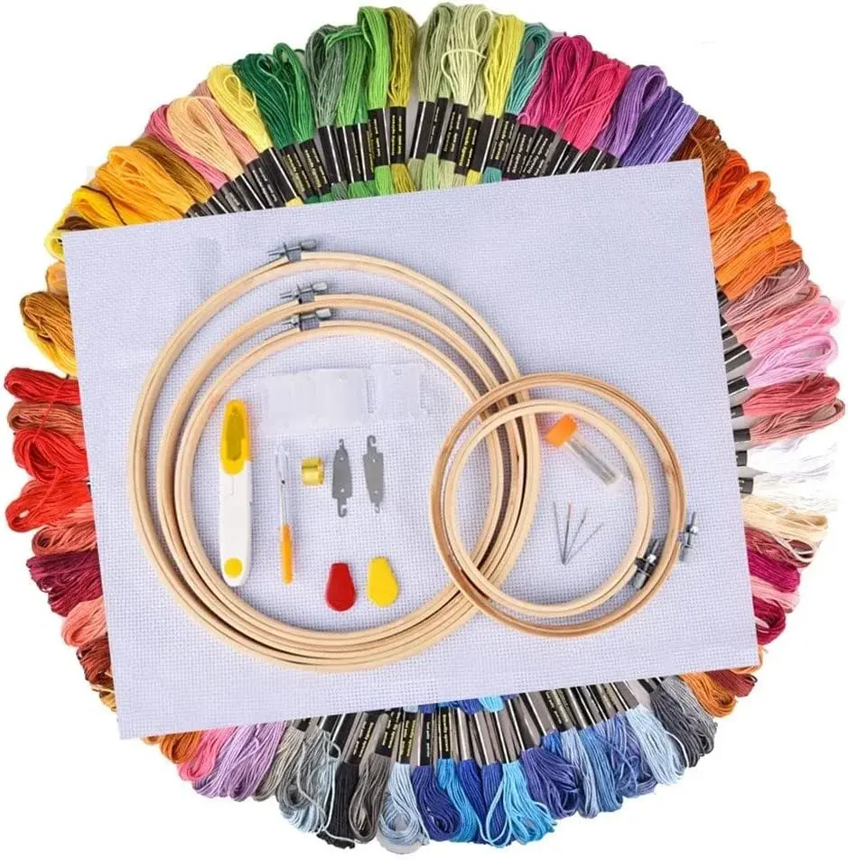 4HMENGFE 100 Colors/Set Sewing Tool Cross Stitch with Bamboo Ring e Embroidery Handmade Hoop Round Sewing Needlework Kits (Color : 100 Colors)