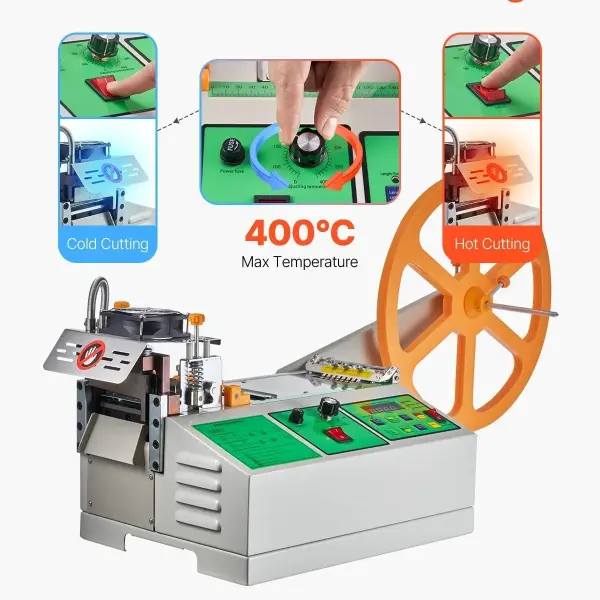 VEVOR Automatic Webbing Cutting Machine, Hot and Cold Ribbon Cutting Machine with Adjustable Temperature and LCD Display, Auto Zipper Tapes Cutter for Nylon Webbing, Elastic Bands, Shoelaces