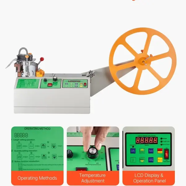 VEVOR Automatic Webbing Cutting Machine, Hot and Cold Ribbon Cutting Machine with Adjustable Temperature and LCD Display, Auto Zipper Tapes Cutter for Nylon Webbing, Elastic Bands, Shoelaces
