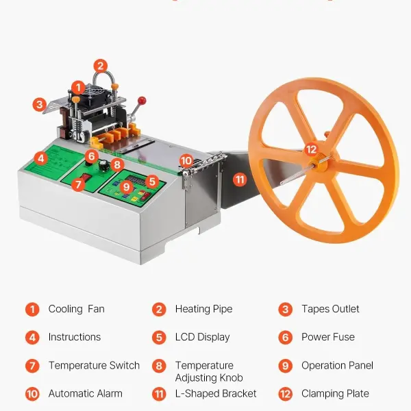 VEVOR Automatic Webbing Cutting Machine, Hot and Cold Ribbon Cutting Machine with Adjustable Temperature and LCD Display, Auto Zipper Tapes Cutter for Nylon Webbing, Elastic Bands, Shoelaces