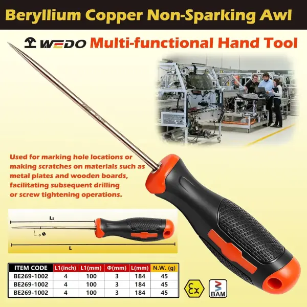 WEDO Non-Sparking Awl Tools,3PCS Fiberglass Handle Sewing Awl for Sewing,Scratch Wood, Leather, Punch, Beryllium Copper,DIN Standard,BAM & FM Certificate,4” Blade Length,3mm Diameter