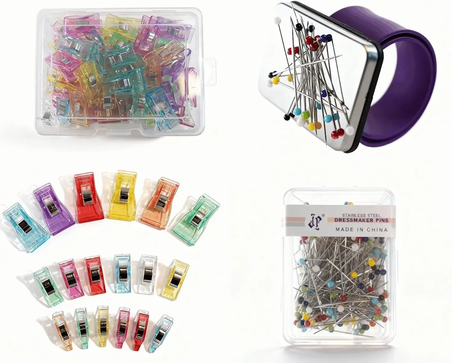 XWCSEWING Sewing Quilting Seam Kits and supplies-100 Pcs Plastic Sewing Clips and 200 Pcs Stainless Steel pins with Magnetic Holder