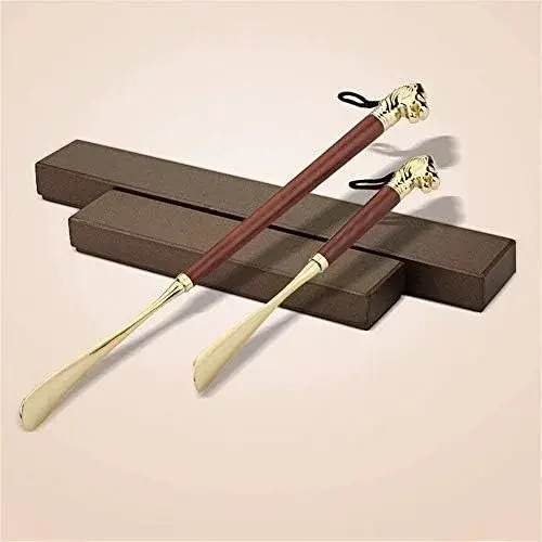 Long and Short Durable Metal Shoe Horn Set with Lion Handle 49cm & 32cm Boot Spoons, Easy Wear Helper Shoehorns for Effortless Shoe Wearing,49Brown