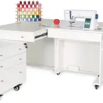 Kangaroo & Joey K8811 Sewing Cabinet – Dual Rail Electric Lift, Adjustable Sewing Table with Storage for Quilting & Crafting, Teak Finish