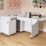 Kangaroo & Joey K8811 Sewing Cabinet – Dual Rail Electric Lift, Adjustable Sewing Table with Storage for Quilting & Crafting, Teak Finish