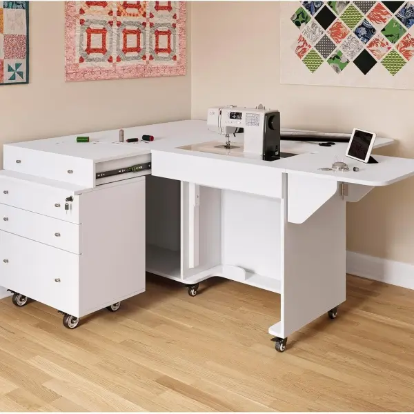 Kangaroo & Joey K8811 Sewing Cabinet – Dual Rail Electric Lift, Adjustable Sewing Table with Storage for Quilting & Crafting, Teak Finish
