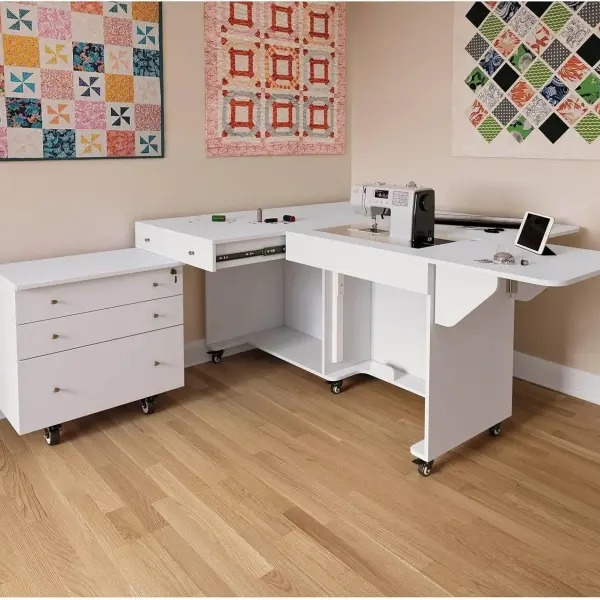 Kangaroo & Joey K8811 Sewing Cabinet – Dual Rail Electric Lift, Adjustable Sewing Table with Storage for Quilting & Crafting, Teak Finish