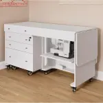 Kangaroo & Joey K8811 Sewing Cabinet – Dual Rail Electric Lift, Adjustable Sewing Table with Storage for Quilting & Crafting, Teak Finish