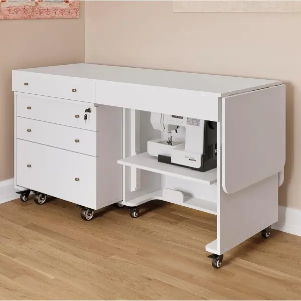 Kangaroo & Joey K8811 Sewing Cabinet – Dual Rail Electric Lift, Adjustable Sewing Table with Storage for Quilting & Crafting, Teak Finish