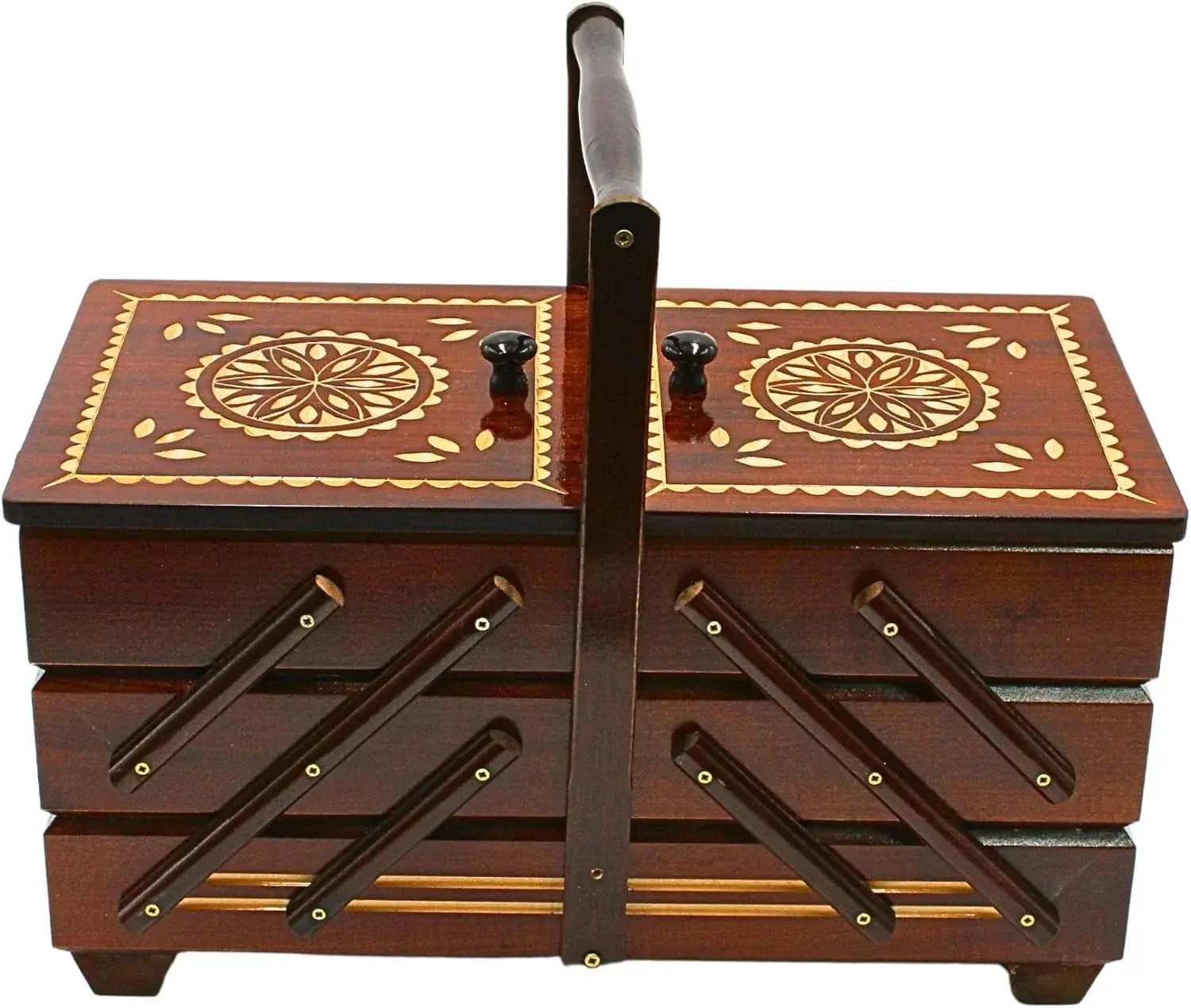 Dekohelden24 Sewing Box Made of Veneer Wood with 7 compartments in Brown, L/W/H 42 x 20 x 21 cm, 42 cm