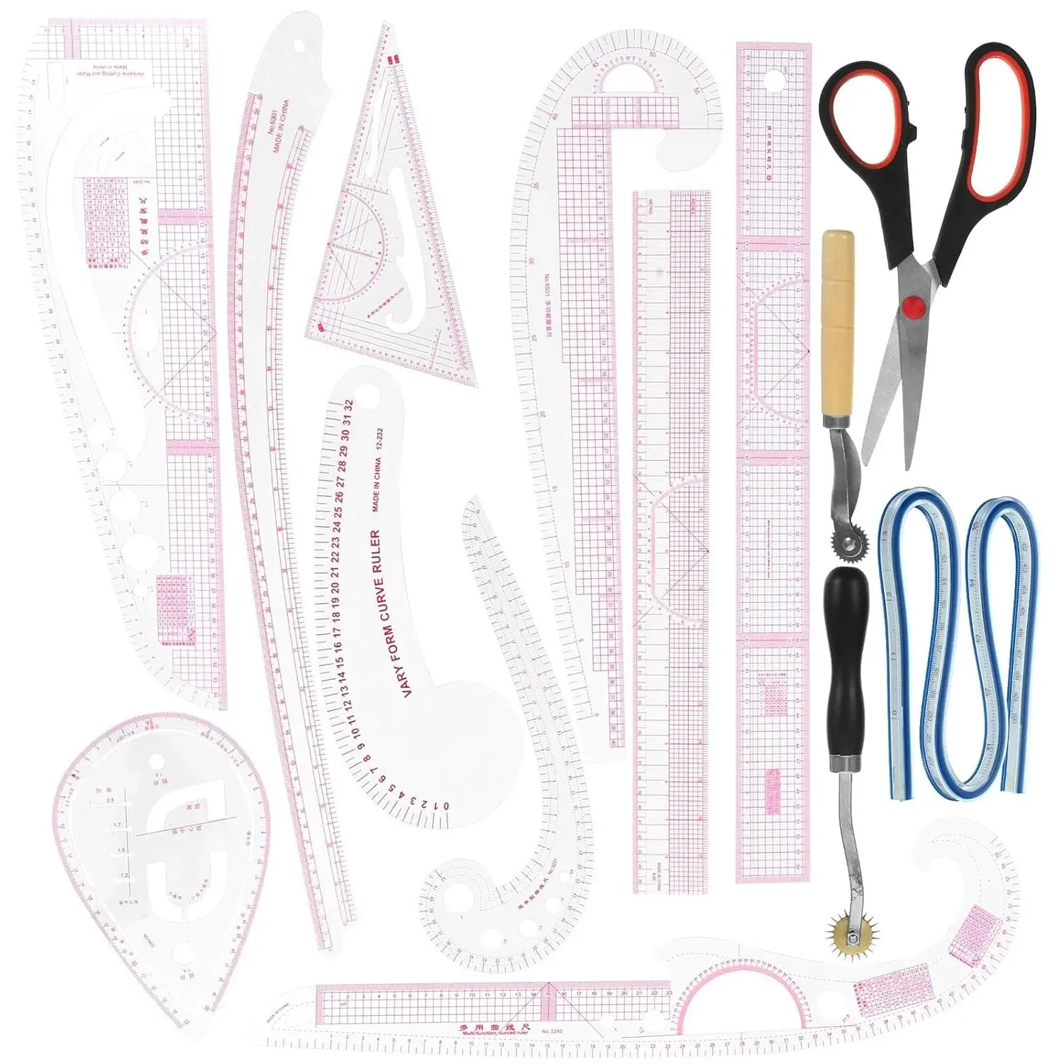 ARTIBETTER 14pcs Sewing Rulers and Curve Pattern Ruler Set with Tracing Wheel for Beginners and Designers, Multifunctional Fabric Cutting Tool Kit for Pattern Making and Tailoring