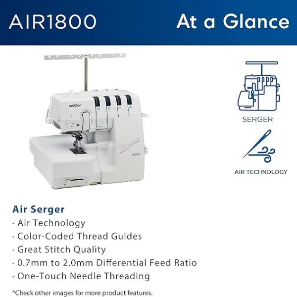 Brother AIR1800 Air Serger with Jet Air Threading, 2/3/4 Thread, LED Lit Work Area, Plus Wide Table Extension and 4-Piece Thread Cones Starter Pack