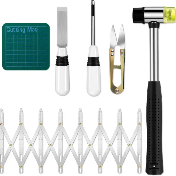 Anglechic 6 Pcs Sewing Buttonhole Cutter Set Including Button Sewing Tool Aluminum Gauge with Mat Yarn Scissors and Rubber Mallet for DIY Buttonhole and Eyehole