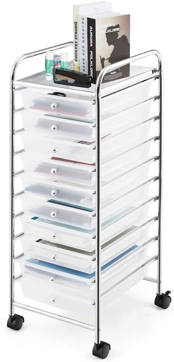 Rolling Storage Cart with 10 Drawers, Versatile Utility Cart with Wheels for Tool Paper Scrapbook Art Supply, Mobile Craft Organizer Cart for Home Office School (Clear)