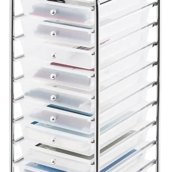 Rolling Storage Cart with 10 Drawers, Versatile Utility Cart with Wheels for Tool Paper Scrapbook Art Supply, Mobile Craft Organizer Cart for Home Office School (Clear)