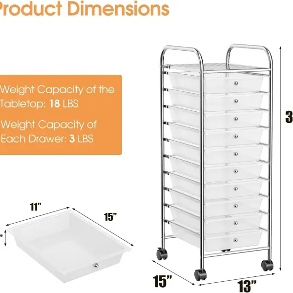 Rolling Storage Cart with 10 Drawers, Versatile Utility Cart with Wheels for Tool Paper Scrapbook Art Supply, Mobile Craft Organizer Cart for Home Office School (Clear)