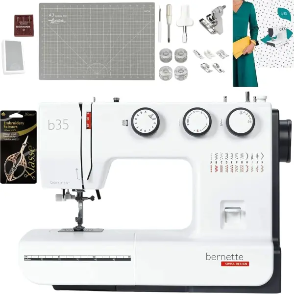 Bernette B35 Sewing Machine for Beginners | 23 Built-In Stitches, 7 Presser Feet, One-Step Buttonhole | Includes Cutting Mat, Scissors, Bobbins, Seam Ripper, Screwdriver, Foot Pedal & Accessories