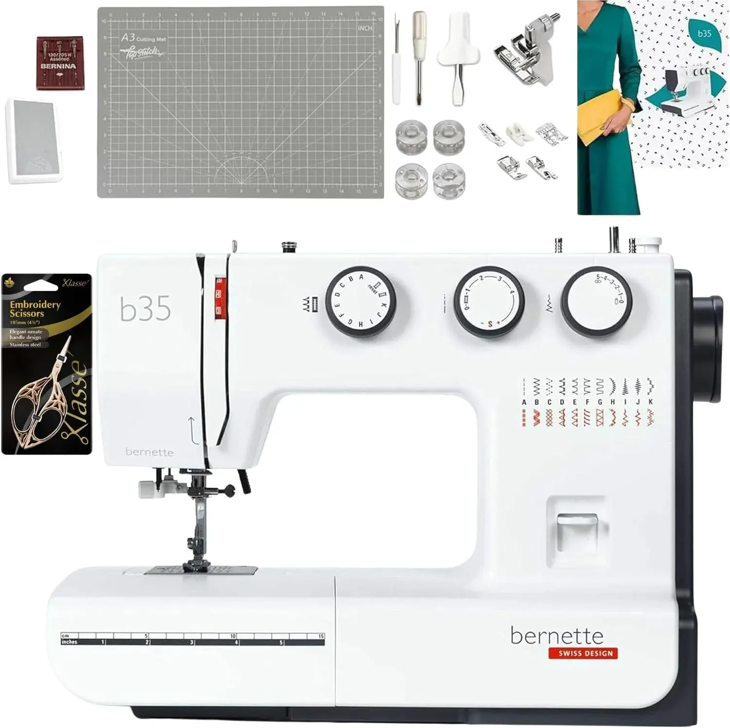 Bernette B35 Sewing Machine for Beginners | 23 Built-In Stitches, 7 Presser Feet, One-Step Buttonhole | Includes Cutting Mat, Scissors, Bobbins, Seam Ripper, Screwdriver, Foot Pedal & Accessories