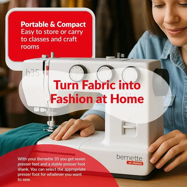 Bernette B35 Sewing Machine for Beginners | 23 Built-In Stitches, 7 Presser Feet, One-Step Buttonhole | Includes Cutting Mat, Scissors, Bobbins, Seam Ripper, Screwdriver, Foot Pedal & Accessories