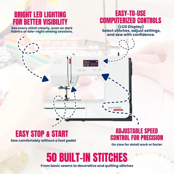 Bernette B37 Computerized Sewing Machine with 60-Piece Northern Lights Thread Set | Advanced Sewing & Quilting | LCD Display, Memory Function, 50 Built-in Stitches | Adjustable Speed