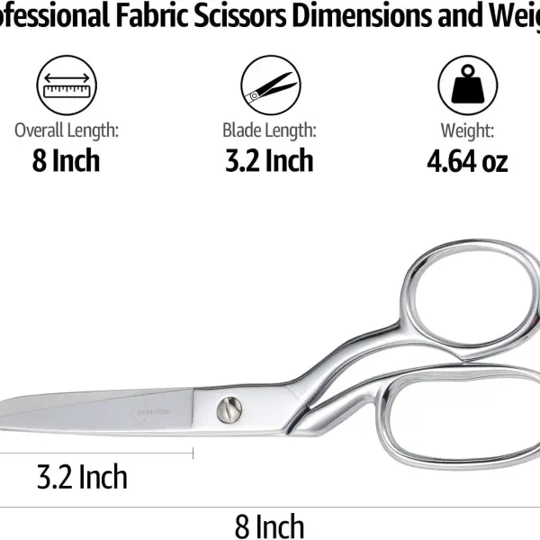 BoFuYuan 8 Inch Professional Stainless Steel Fabric Scissors | Sharp Precision Blades, Bent Handle, Ambidextrous, Tailor Shears for Sewing Quilting Dressmaking Crafting