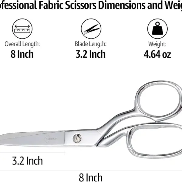 BoFuYuan 8 Inch Professional Stainless Steel Fabric Scissors | Sharp Precision Blades, Bent Handle, Ambidextrous, Tailor Shears for Sewing Quilting Dressmaking Crafting