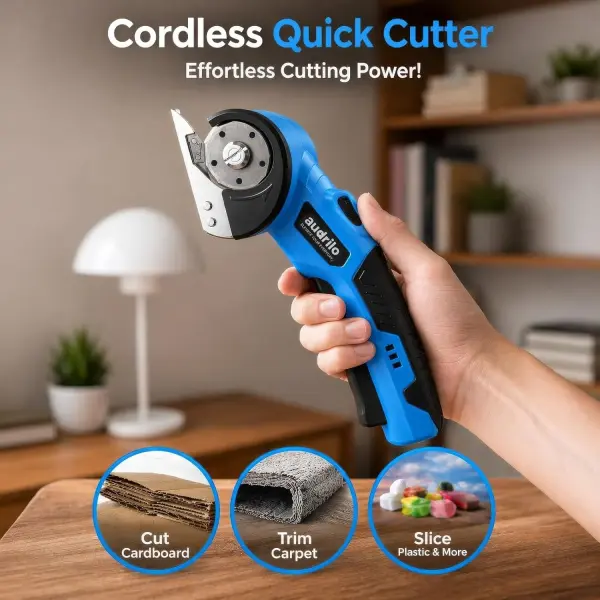 AUDRILO Electric Scissors Cordless Rechargeable Fabric Cutter, Cardboard Cutter, 4V 2000 mAh Electric Cutter, Portable Cutting Tool, USB Charging DIY Craft Tailoring for Cloth, Leather, Carpet - Blue