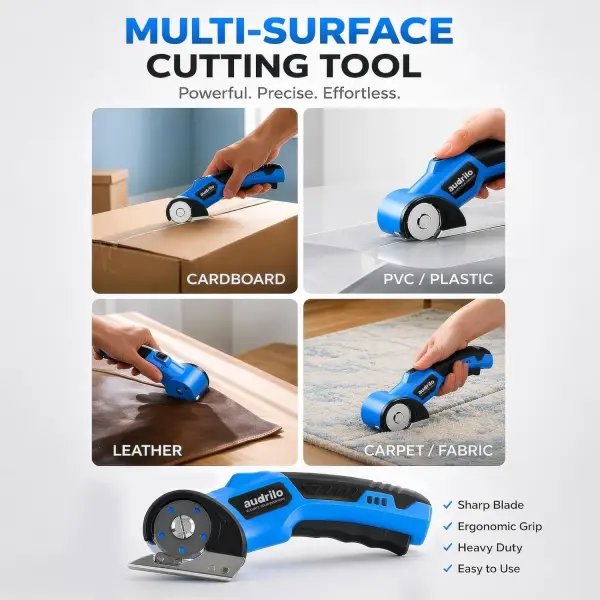 AUDRILO Electric Scissors Cordless Rechargeable Fabric Cutter, Cardboard Cutter, 4V 2000 mAh Electric Cutter, Portable Cutting Tool, USB Charging DIY Craft Tailoring for Cloth, Leather, Carpet - Blue