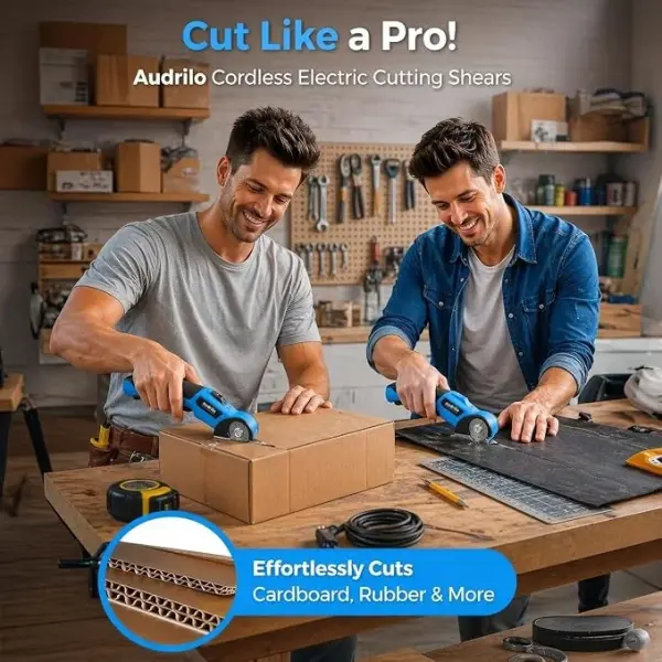 AUDRILO Electric Scissors Cordless Rechargeable Fabric Cutter, Cardboard Cutter, 4V 2000 mAh Electric Cutter, Portable Cutting Tool, USB Charging DIY Craft Tailoring for Cloth, Leather, Carpet - Blue