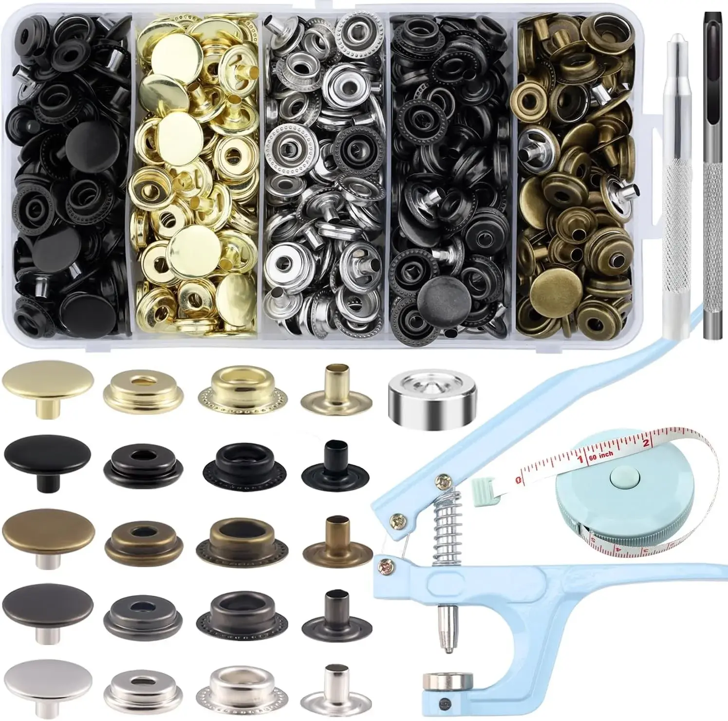 508PCS Heavy Duty Snap Fastener Tool, Canvas Snap Kit, Stainless Steel Snaps,5/8 inche Snap Fastener Kit, Snap Button Kit for Boat Cover, Repairing Boat Covers, Canvas, Sewing Tarps, Bag,Jeans,Clothes