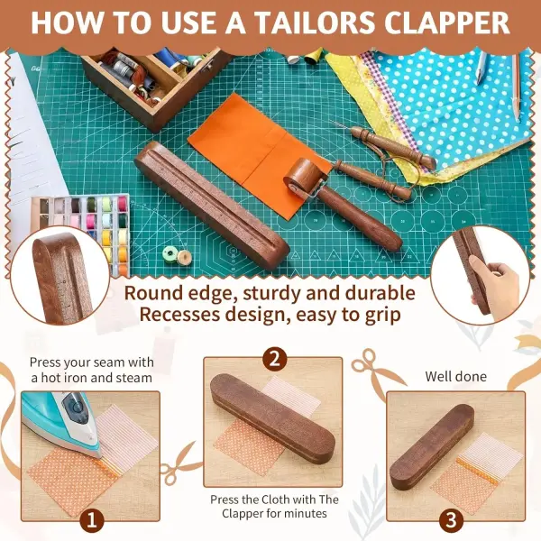 AceOrbit 4 Pcs Wooden Clapper Sewing Quilting Tool Set Include Tailors Clapper, Quilting Seam Roller, Seam Ripper, Stiletto Pressing Tool for Sewing Fabric Folds Clothing Wrinkle