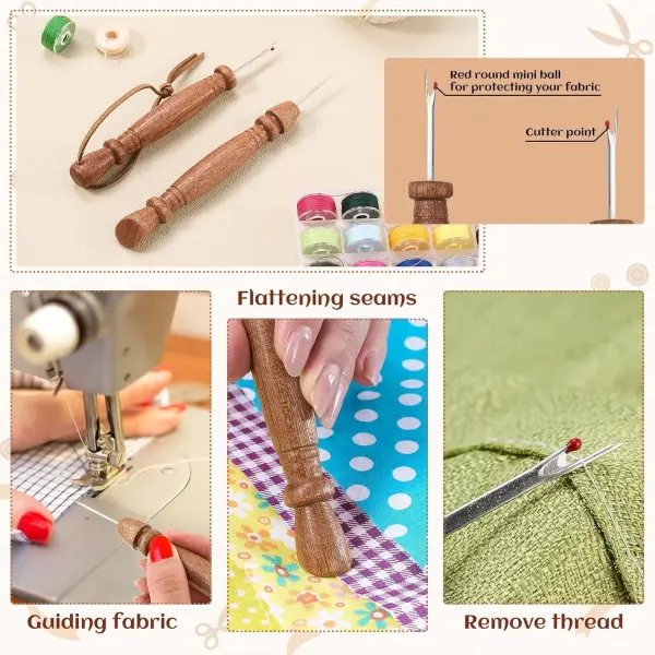 AceOrbit 4 Pcs Wooden Clapper Sewing Quilting Tool Set Include Tailors Clapper, Quilting Seam Roller, Seam Ripper, Stiletto Pressing Tool for Sewing Fabric Folds Clothing Wrinkle