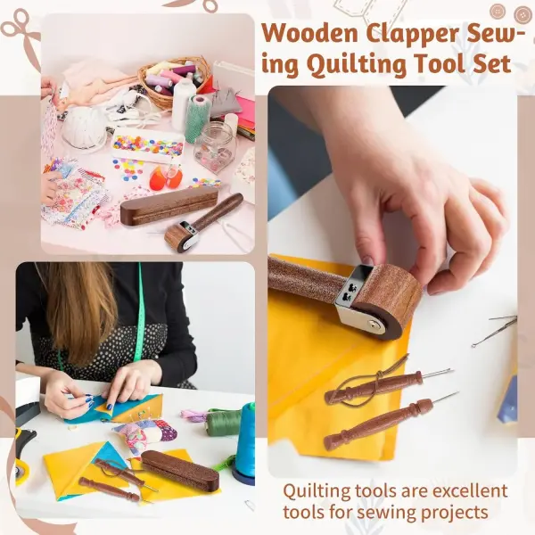 AceOrbit 4 Pcs Wooden Clapper Sewing Quilting Tool Set Include Tailors Clapper, Quilting Seam Roller, Seam Ripper, Stiletto Pressing Tool for Sewing Fabric Folds Clothing Wrinkle