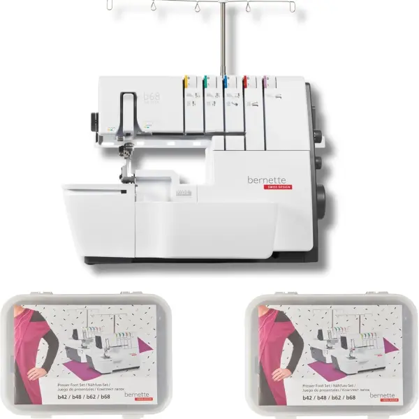 Bernette B68 Airlock Serger Sewing Machine | Adjustable Stitch Length, 1300SPM, LED Light, 5 Thread Options, Presser Foot Adjustment | Free 6 Pcs Overlock Foot Kit & 7 Pcs Coverstitch Foot Kit