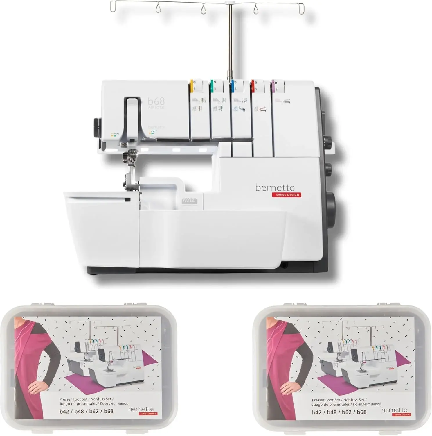 Bernette B68 Airlock Serger Sewing Machine | Adjustable Stitch Length, 1300SPM, LED Light, 5 Thread Options, Presser Foot Adjustment | Free 6 Pcs Overlock Foot Kit & 7 Pcs Coverstitch Foot Kit