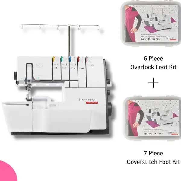 Bernette B68 Airlock Serger Sewing Machine | Adjustable Stitch Length, 1300SPM, LED Light, 5 Thread Options, Presser Foot Adjustment | Free 6 Pcs Overlock Foot Kit & 7 Pcs Coverstitch Foot Kit