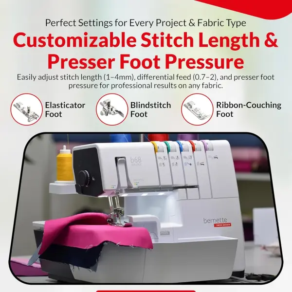 Bernette B68 Airlock Serger Sewing Machine | Adjustable Stitch Length, 1300SPM, LED Light, 5 Thread Options, Presser Foot Adjustment | Free 6 Pcs Overlock Foot Kit & 7 Pcs Coverstitch Foot Kit