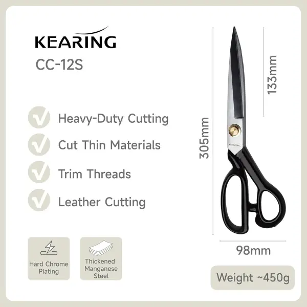 KEARING 12 Inch Heavy Duty Fabric Scissors, Professional Tailor Shears for Precision Cutting of Leather, Denim, and Multi-Layer Fabrics for Sewing, Dressmaking, Cutting - 1 lb - Right-Handed