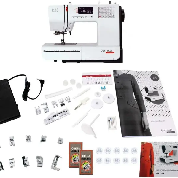Bernette B38 Swiss Design Computerized Sewing Machine | 394 Stitches, LCD Display, Extension Table, 8 Presser Feet | Bobbins, Needles, Threader, Foot Pedal, Seam Ripper, Screwdriver, Spool Caps