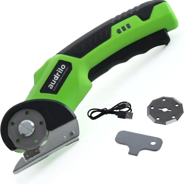 AUDRILO Electric Scissors Cordless Rechargeable Fabric Cutter, Cardboard Cutter, 4V 2000 mAh Electric Cutter, Portable Cutting Tool, USB Charging DIY Craft Tailoring for Cloth, Leather, Carpet - Green