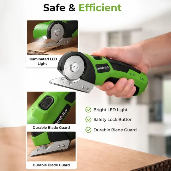 AUDRILO Electric Scissors Cordless Rechargeable Fabric Cutter, Cardboard Cutter, 4V 2000 mAh Electric Cutter, Portable Cutting Tool, USB Charging DIY Craft Tailoring for Cloth, Leather, Carpet - Green
