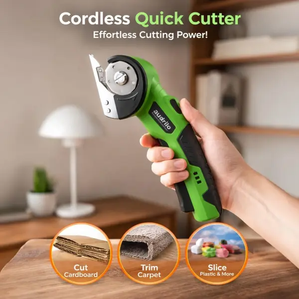AUDRILO Electric Scissors Cordless Rechargeable Fabric Cutter, Cardboard Cutter, 4V 2000 mAh Electric Cutter, Portable Cutting Tool, USB Charging DIY Craft Tailoring for Cloth, Leather, Carpet - Green