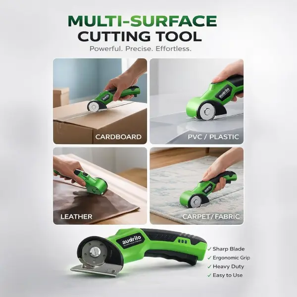 AUDRILO Electric Scissors Cordless Rechargeable Fabric Cutter, Cardboard Cutter, 4V 2000 mAh Electric Cutter, Portable Cutting Tool, USB Charging DIY Craft Tailoring for Cloth, Leather, Carpet - Green