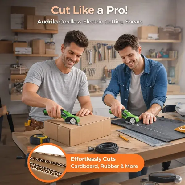 AUDRILO Electric Scissors Cordless Rechargeable Fabric Cutter, Cardboard Cutter, 4V 2000 mAh Electric Cutter, Portable Cutting Tool, USB Charging DIY Craft Tailoring for Cloth, Leather, Carpet - Green