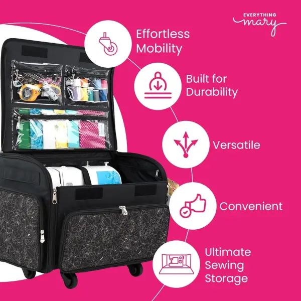 Everything Mary 4 Wheels Collapsible Deluxe Sewing Machine Storage Case - Rolling Trolley Carrying Bag for Brother, Singer
