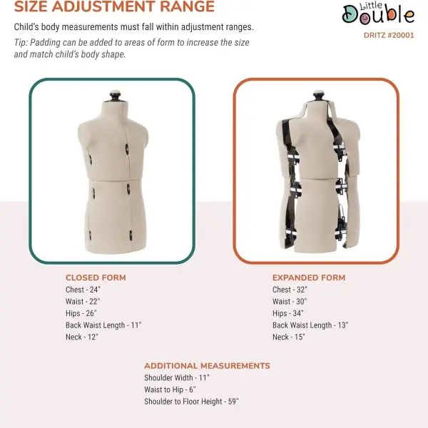 Dritz Little Double Adjustable Dress Form - Child Sizes US S-XL - Children's Clothing Mannequin for Sewing and Draping - Pinnable Sewing Mannequin with 13 Dials for Fitting + 360 Hem Guide