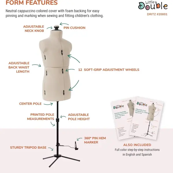 Dritz Little Double Adjustable Dress Form - Child Sizes US S-XL - Children's Clothing Mannequin for Sewing and Draping - Pinnable Sewing Mannequin with 13 Dials for Fitting + 360 Hem Guide
