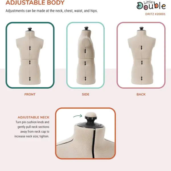 Dritz Little Double Adjustable Dress Form - Child Sizes US S-XL - Children's Clothing Mannequin for Sewing and Draping - Pinnable Sewing Mannequin with 13 Dials for Fitting + 360 Hem Guide