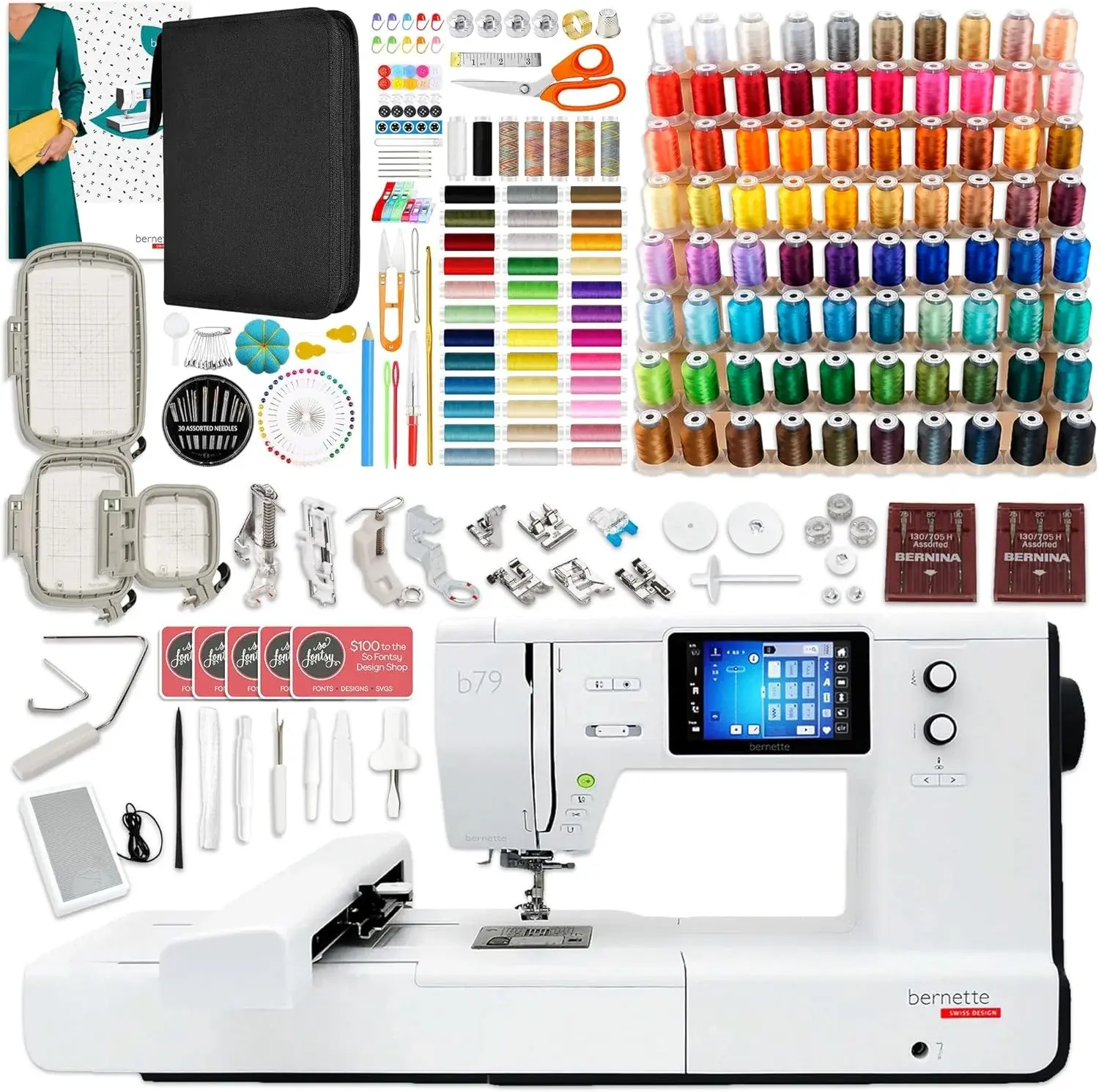 Bernette B79 6" x 10" Combo Sewing & Embroidery Machine with 123 Thread Spools, 200+ Accessory & Designs Package