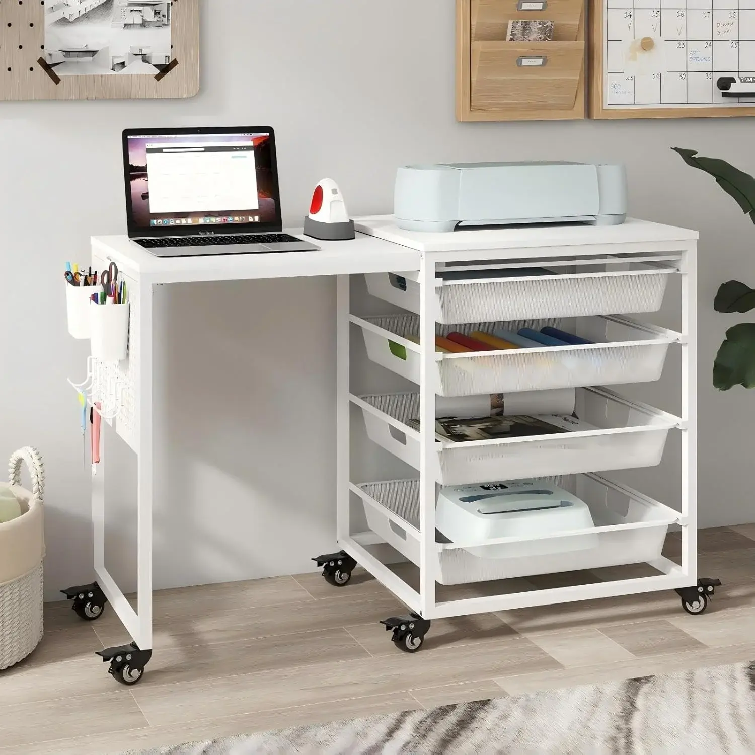 Rolling Craft Storage Cart with Wheels & Mesh Drawers, Extendable Craft Table with Pegboard Organizer, Muti-Functional Work Table for Sewing, Arts and Crafts, Scrapbooking Storage,3D Printers (White)